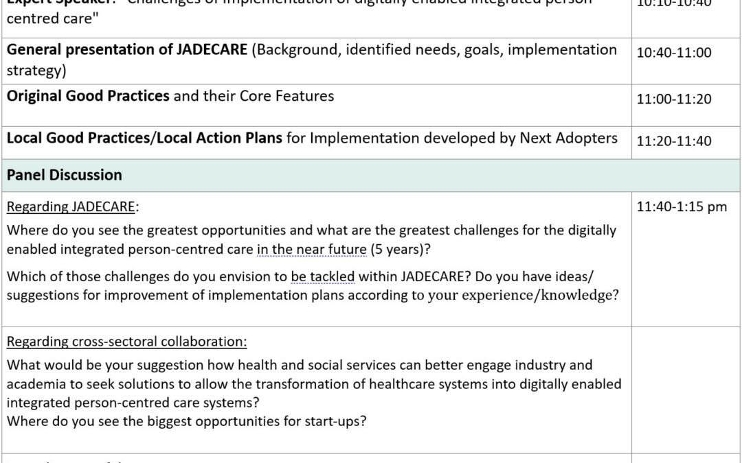 1st JADECARE Stakeholder Forum “Implementation of digitally enabled integrated person-centred care – Needs and Solutions“